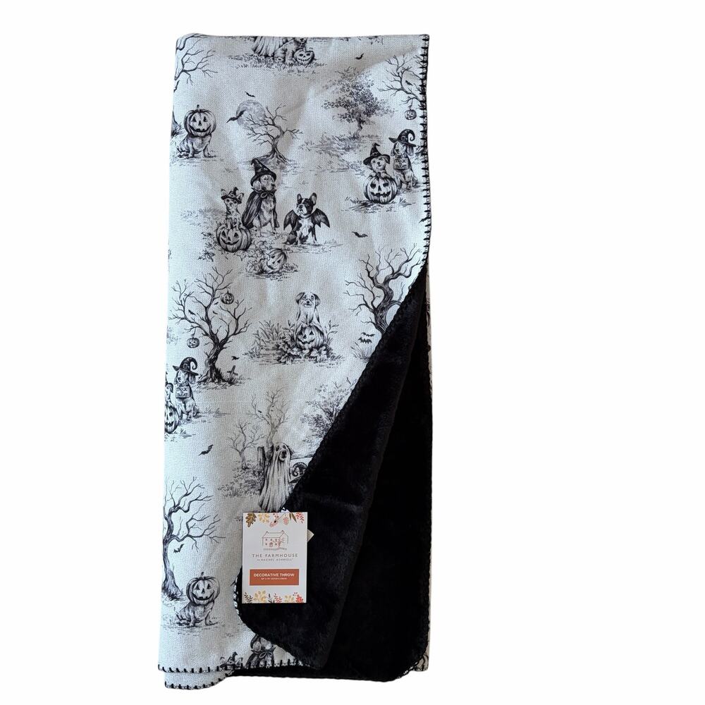 Farmhouse by Rachel Ashwell Halloween Throw 50x70 Bark O Ween Faux Fur Back NEW